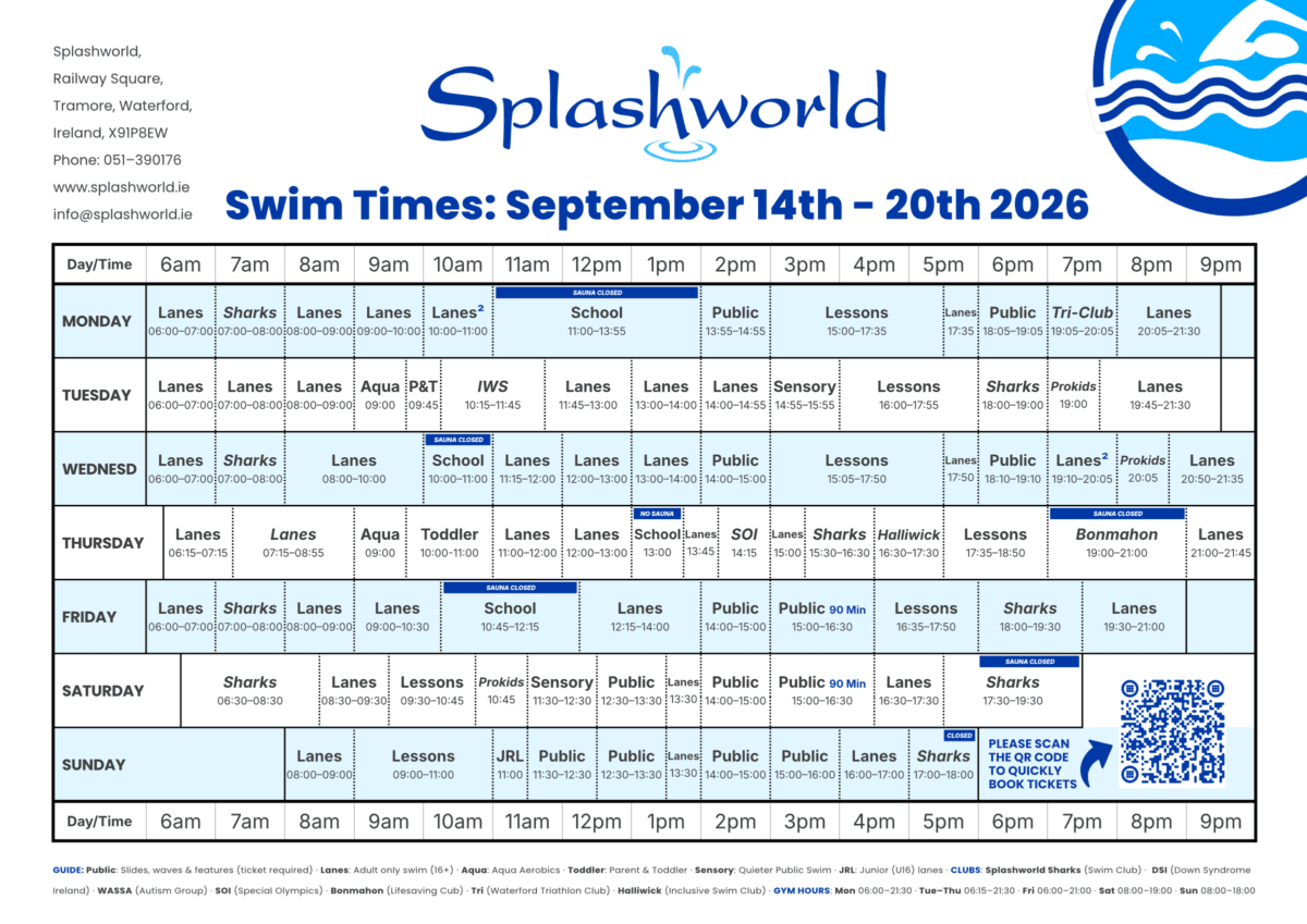 Pool Timetable — Splashworld Tramore