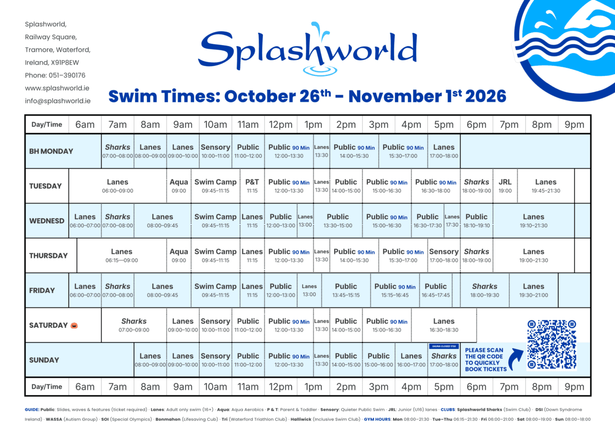 Pool Timetable — Splashworld Tramore
